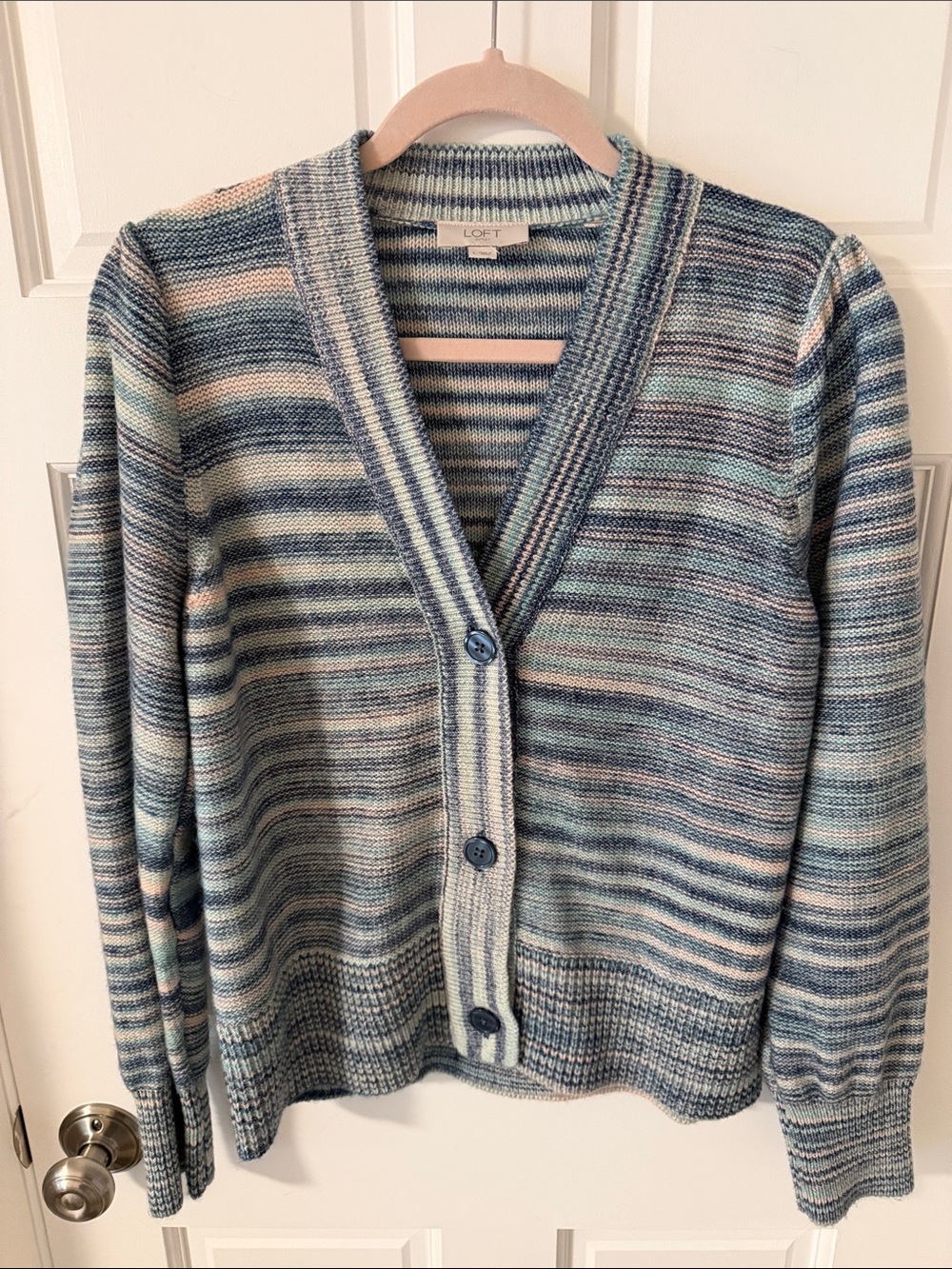 LOFT Outlet Pastel Blue Multicolor Striped Puff Sleeve Cardigan Sweater Sz Large